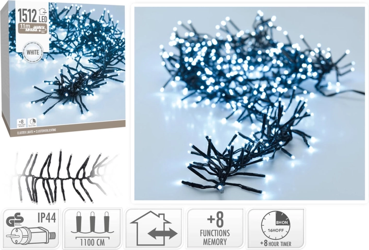 Vánoční světelný řetěz 11 m, 1512 LED, studená bílá, 8 funkcí, IP44, s časovačem - 1 kus