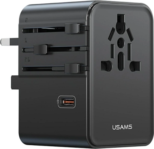 Usams univerzální cestovní adaptér a nabíječka 70 w (us/au/eu/uk) černý