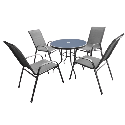 Zahradní jídelní set se skleněným kulatým stolem a 4 židlemi – šedý