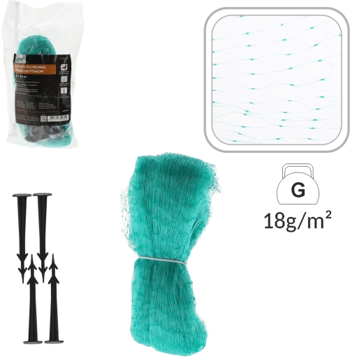 Ochranná síť proti ptákům 2 × 10 m, 5 g/m², zelená + 6 kotevních skob