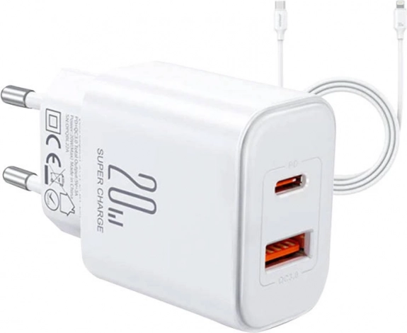 Joyroom Flash síťová nabíječka 20 W se dvěma výstupy + kabel USB-C na Lightning 1 m bílá
