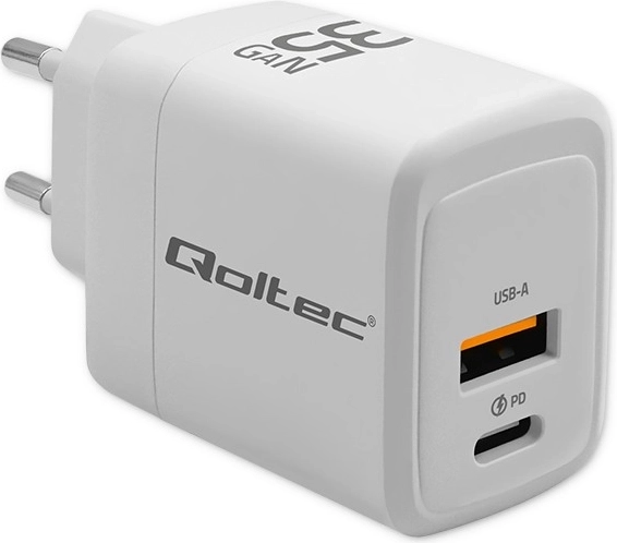 Síťová nabíječka 35 W GaN, USB‑C PD + USB QC 3.0, bílá
