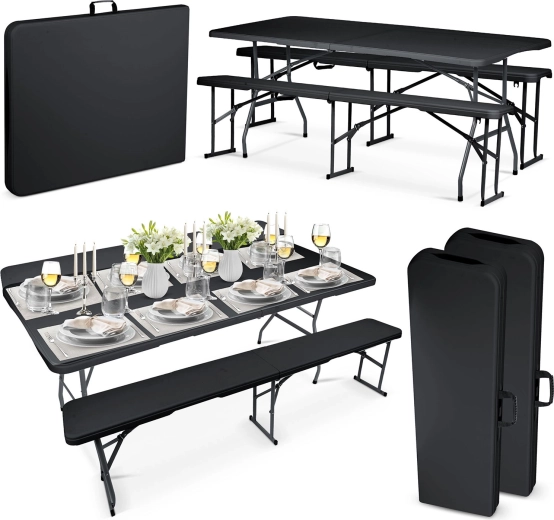 Skládací cateringový set stůl a 2 lavice 180 cm černý