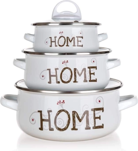 Sada smaltovaných hrnců BANQUET Home, 6 ks, bílé se skleněnými poklicemi