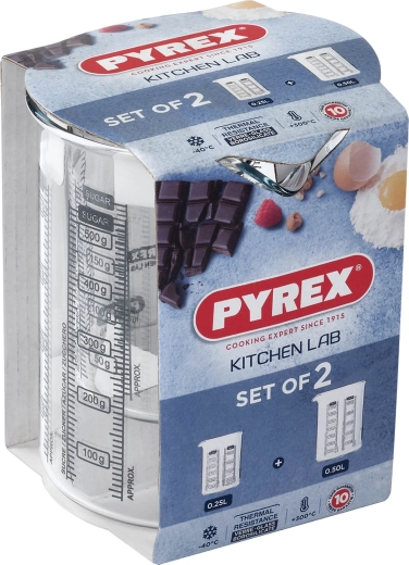 Sada skleněných odměrek s nálevkou PYREX 250 ml a 500 ml