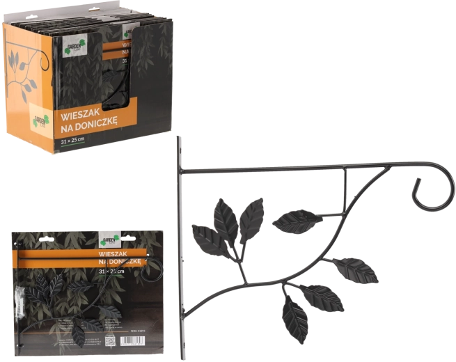 Nástěnný závěsný držák na květináč 31 × 25 cm – černý, motiv listů