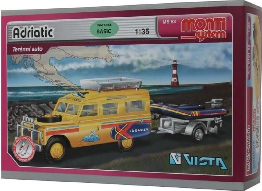 Stavebnice Monti System MS 63 Adriatic Land Rover-vlek s loďkou/člunem 1:35 v krabici 22x15x6cm