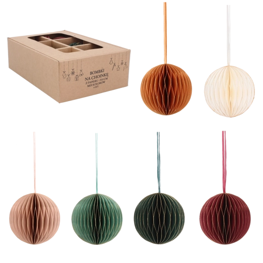 Sada papírových včelích koulí na Vánoce, průměr 8 cm, mix barev, 6 ks
