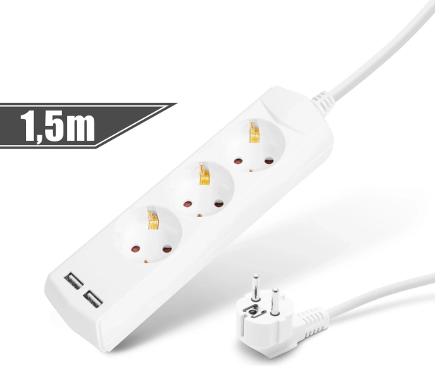 Prodlužovací kabel se 3 zásuvkami a 2 USB porty, 1,5 m