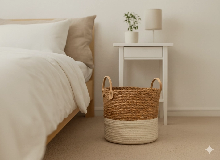 Pletený úložný koš z mořské trávy s třásněmi, 28 × 26 cm