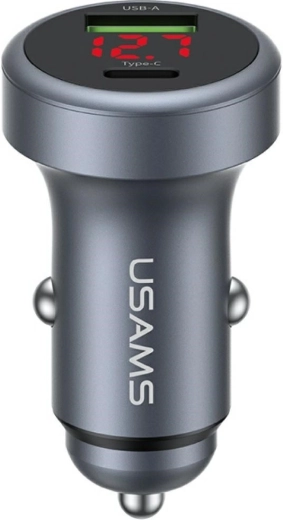USAMS hliníková autonabíječka 45 W USB-A + USB-C s LED