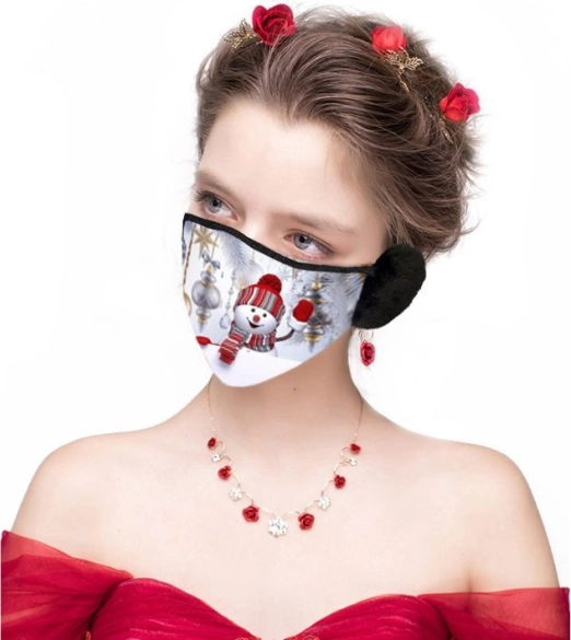 Vánoční ochranná maska s teplými klapkami na uši – sněhulák