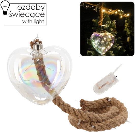Skleněná srdcovitá dekorace s LED osvětlením a časovačem
