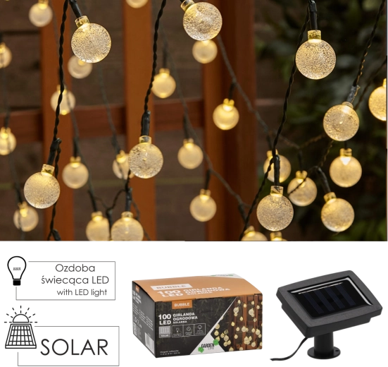 Solární zahradní světelný řetěz BUBBLE 100 LED, teplá bílá, 11,9 m