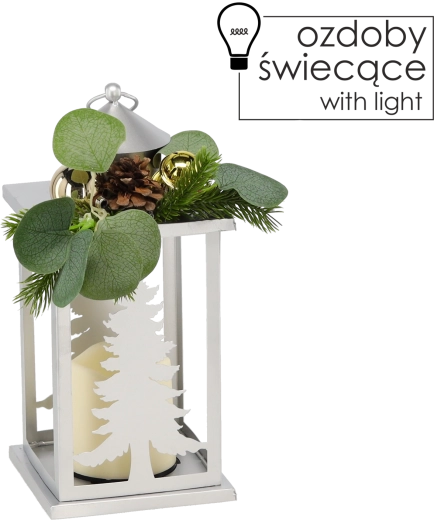 Vánoční kovový lampion se stromečky a LED svíčkou, stříbrný