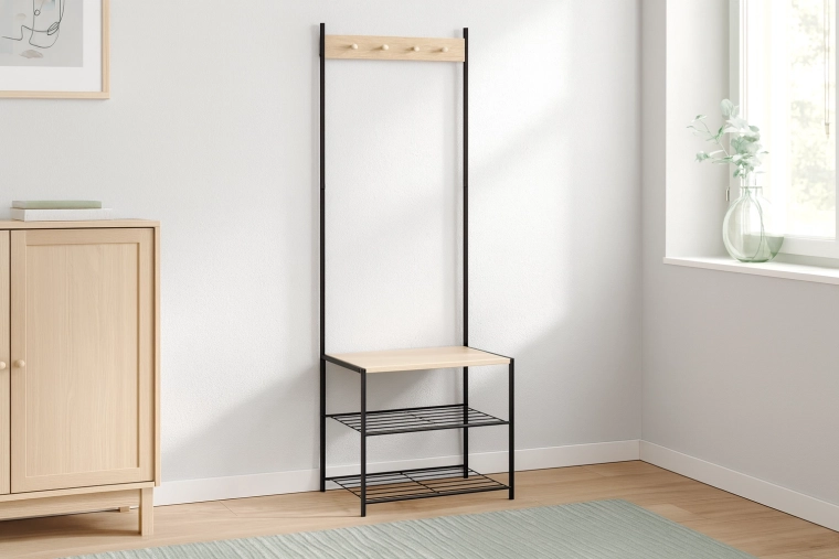 Volně stojící předsíňový věšák s lavicí a 3 policemi 60 × 40 × 175 cm