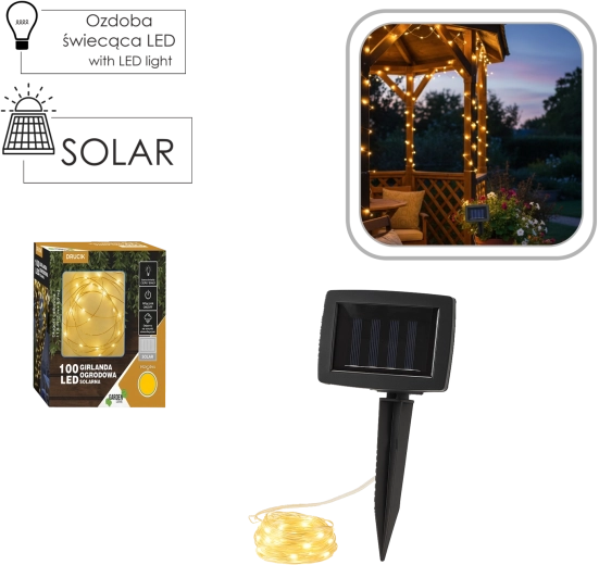 Solární LED řetěz 100 diod teplá bílá 11,9 m IP44