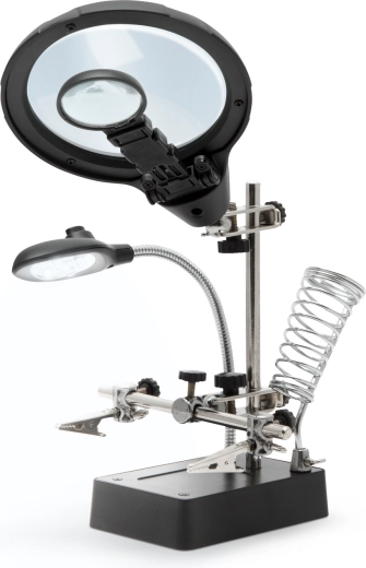 Držák součástek s lupou, krokosvorkami a LED osvětlením