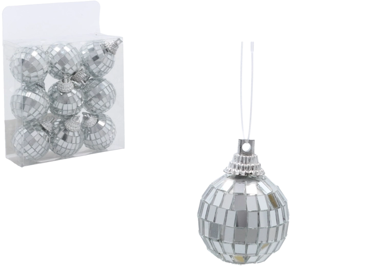 Sada stříbrných disko vánočních koulí 3 cm – 9 ks