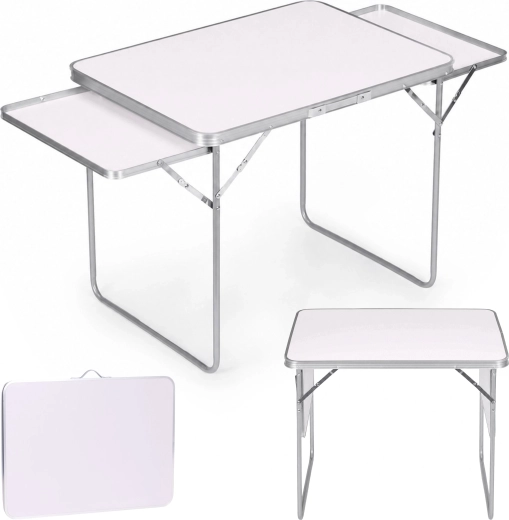 Multigarden skládací kempingový stůl 120 × 60 cm se 2 bočními poličkami, bílý