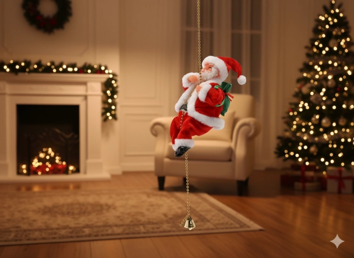 Vánoční lezoucí Santa na zlatém řetízku s rolničkou 20,5 cm