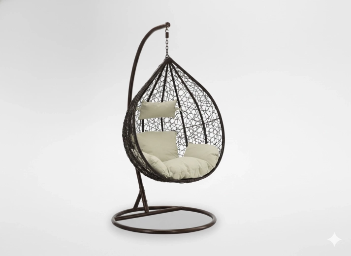 Závěsné vajíčkové křeslo z technorattanu s béžovým polstrem, hnědý rám