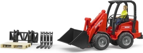 Červený nakladač Bruder Schäffer 2034 s figurkou a příslušenstvím
