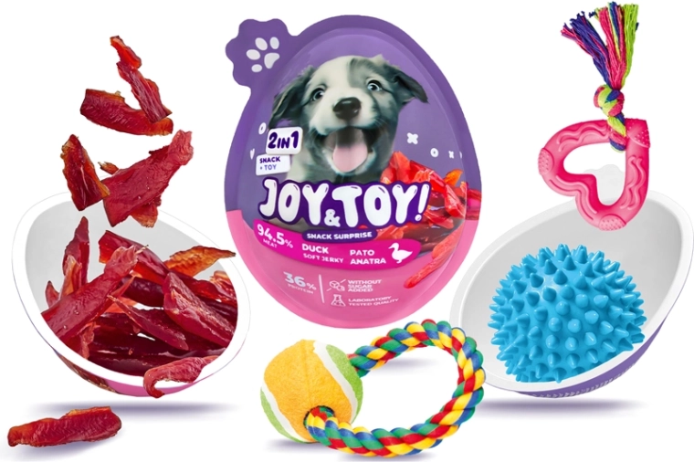 Joy&Toy vajíčko pro psy s překvapením – kachní soft jerky a hračka
