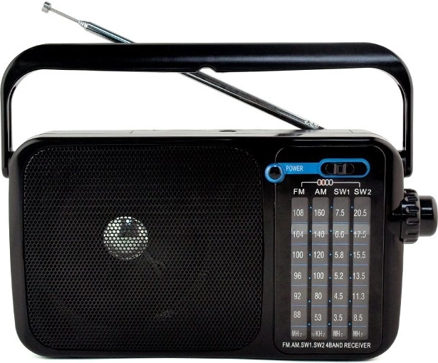Přenosné rádio AM/FM se síťovým i bateriovým napájením a AUX
