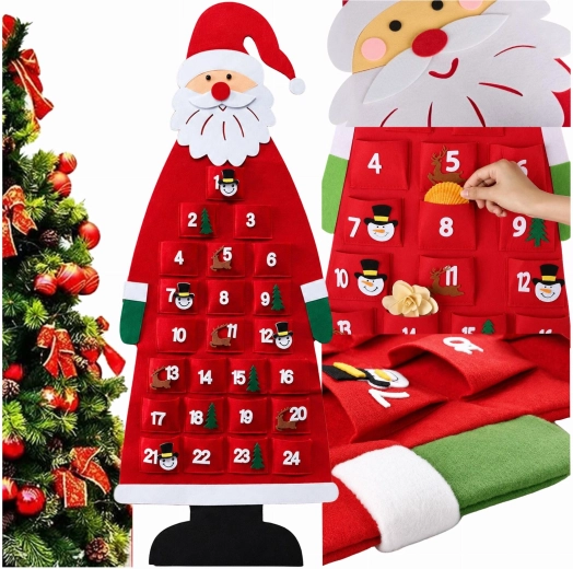 Závěsný filcový adventní kalendář Santa Claus s 24 kapsami, 115 cm