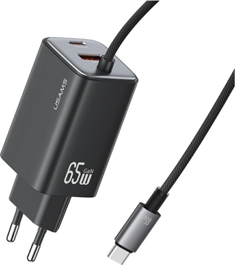 USAMS JC series GaN síťová nabíječka 65 W s integrovaným USB‑C kabelem (2× USB‑C, 1× USB‑A), černá