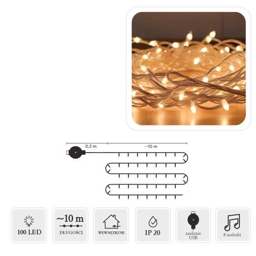 LED řetěz s melodií USB, 100 světel, multicolor, 10 m