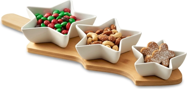 Porcelánové mističky na pochutiny na bambusovém tácu, 4dílná sada