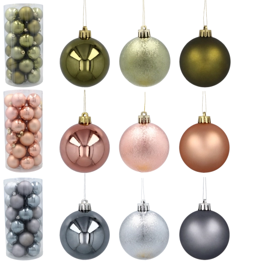 Sada 30 vánočních koulí 6 cm – olivová, měděná a grafitová