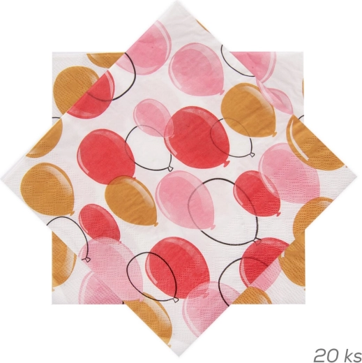 Papírové ubrousky s motivem růžových balónků 33 × 33 cm, 20 ks
