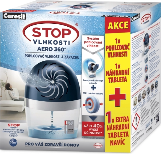 Modrý odvlhčovač vzduchu Ceresit Stop vlhkosti Aero 360° + náhradní tableta 2x450 g