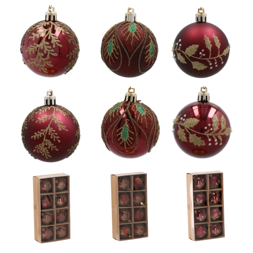 Sada burgundských vánočních koulí 6 cm se zlatým listovým vzorem – 8 ks
