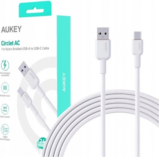 Aukey USB‑C na USB‑A kabel 1 m 60 W PD s nylonovým opletem bílý
