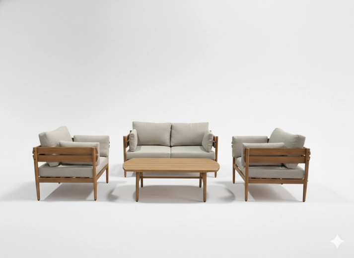 Hliníková zahradní sedací souprava Podgorica, 4 díly (pohovka, 2 křesla, konferenční stolek) – hnědá konstrukce, béžové podušky