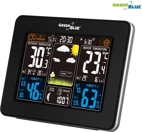 Bezdrátová barevná meteorologická stanice GreenBlue GB523 s DCF a fázemi měsíce