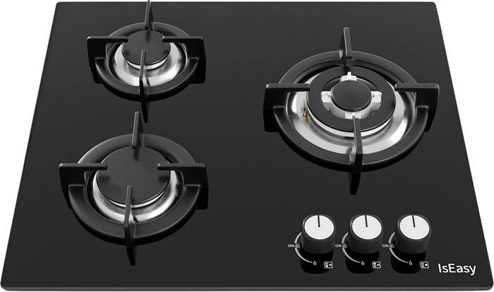Plynová varná deska ISEASY se 3 hořáky, černé sklo, litinové rošty