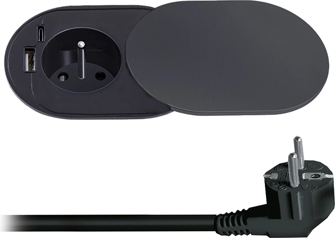 Solight vestavná zásuvka 230 V s USB-A a USB-C 20 W PD s posuvným víčkem, 2 m, matná černá