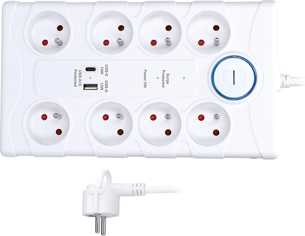 Solight přepěťová ochrana s 8 zásuvkami a USB-A/USB-C, 2 m, bílá