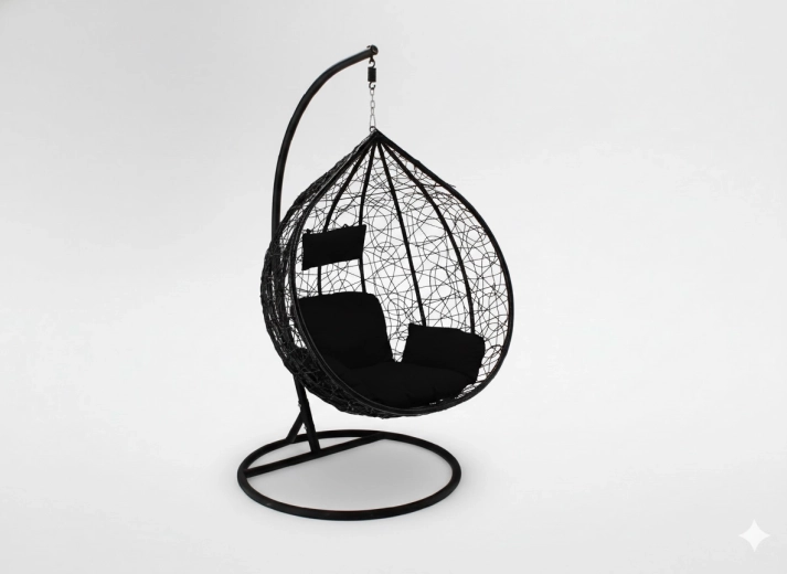 Závěsné vajíčkové křeslo černé s černým polštářem a kovovým stojanem