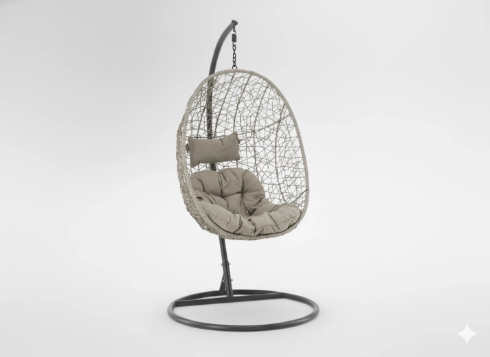 Závěsné houpací křeslo vejce šedé s polštáři a tmavě šedým stojanem