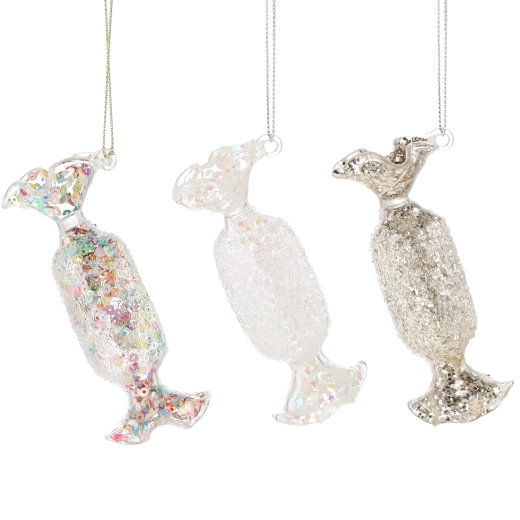 Skleněná vánoční ozdoba bonbón, průhledná, 3,8 × 9,3 cm, sada 6 ks