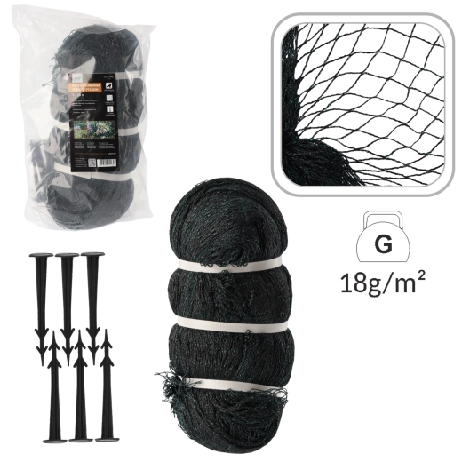 Ochranná síť proti ptákům 5 × 10 m, 18 g/m² + 10 plastových kolíků