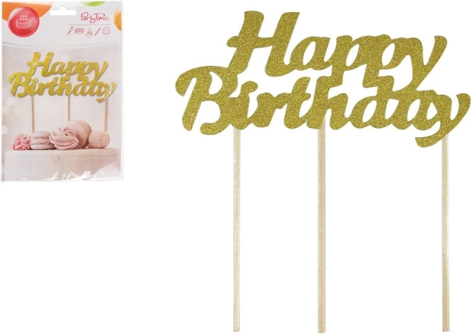 Zlatý zápich do dortu Happy Birthday s třpytkami
