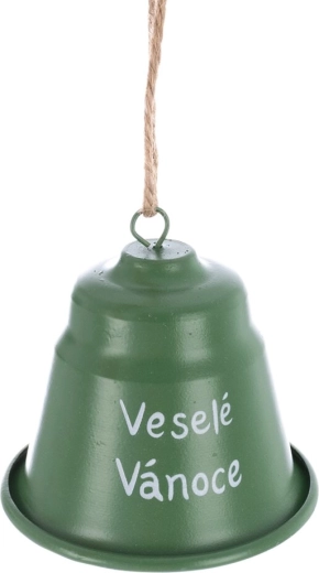 Kovový vánoční zvonek Veselé Vánoce zelený 7 cm