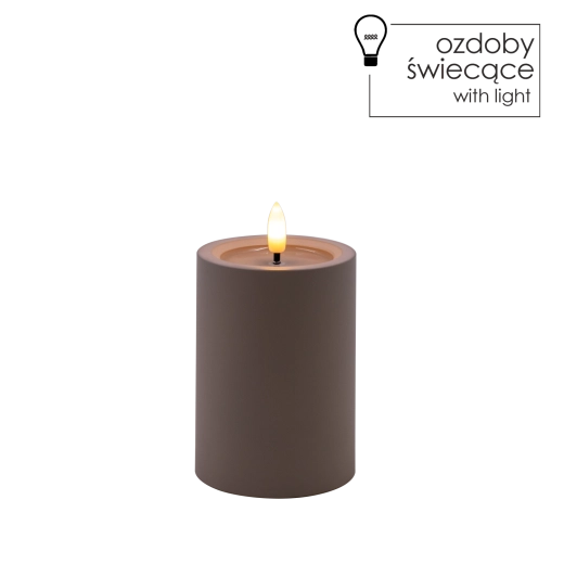 Šedá LED svíčka 7 × 10 cm s teplým třpytivým plamenem